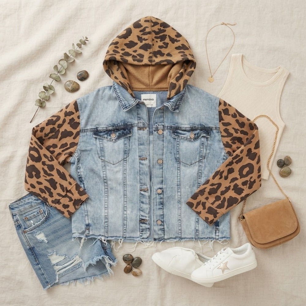 Kensie Jeans Vintage Luxe Denim Jacket Leopard Print Hooded Mixed Media XL